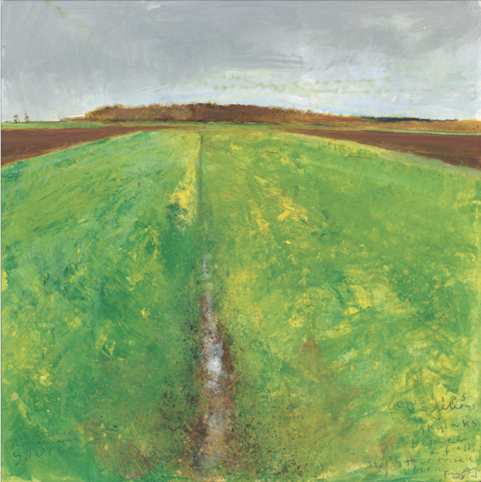 Kurt_Jackson_M59ST59_Cowlips_dandelions_and_skylarks_Between_two_fields_the_Stour_is_born_2018_Mixed_Media_on_museum_board_60x60cm