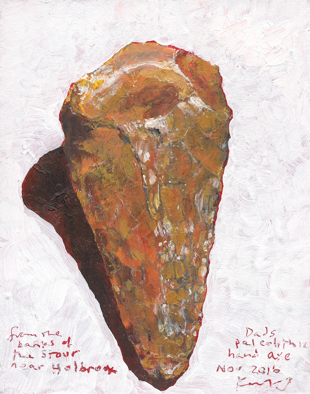 Kurt_Jackson_M45ST45_Dad's_Paleolithic_hand_axe_from_the_banks_of_the_Stour_2016_Mixed_media_on_museum_board_21x16cm