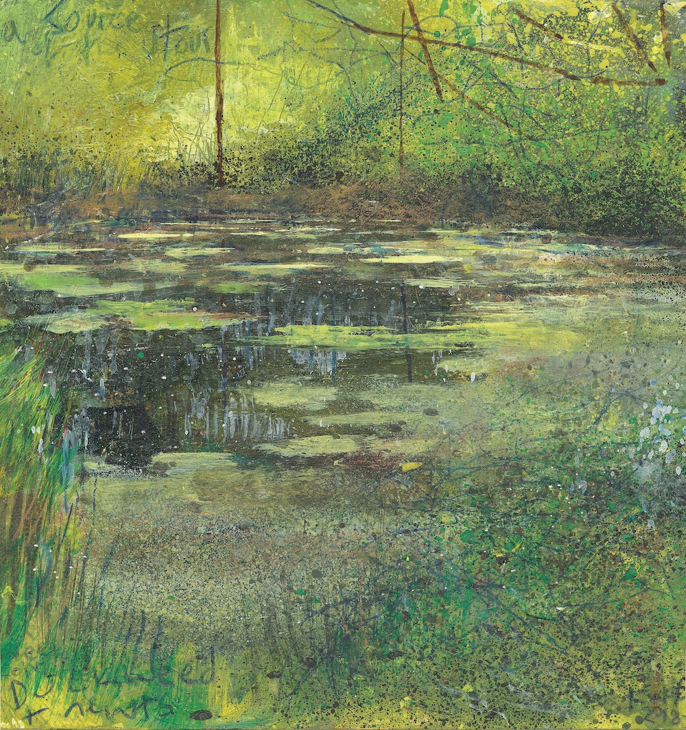 Kurt_Jackson_M49ST49_A_source_of_the_Stour_Weston_Colville_duckweed_and_newts_2018_Mixed_media_on_museum_board_22x21cm