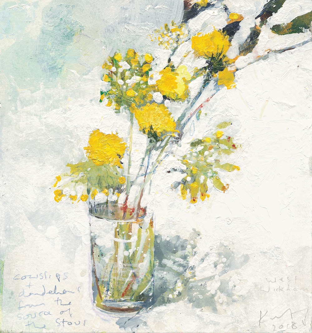 Kurt_Jackson_M50ST50_Cowslips_and_dandelions_from_the_source_of_the_Stour_West_Wickham_2018_Mixed_media_on_museum_board_23x22cm