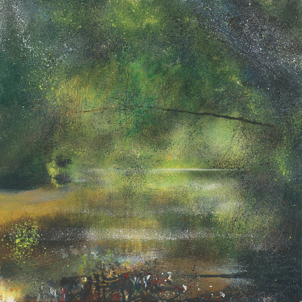 Kurt_Jackson_ST69_Cavendish_the_Stour_flowing_under_the_willows_2017_Mixed_media_on_wood_panel_60 x60cm